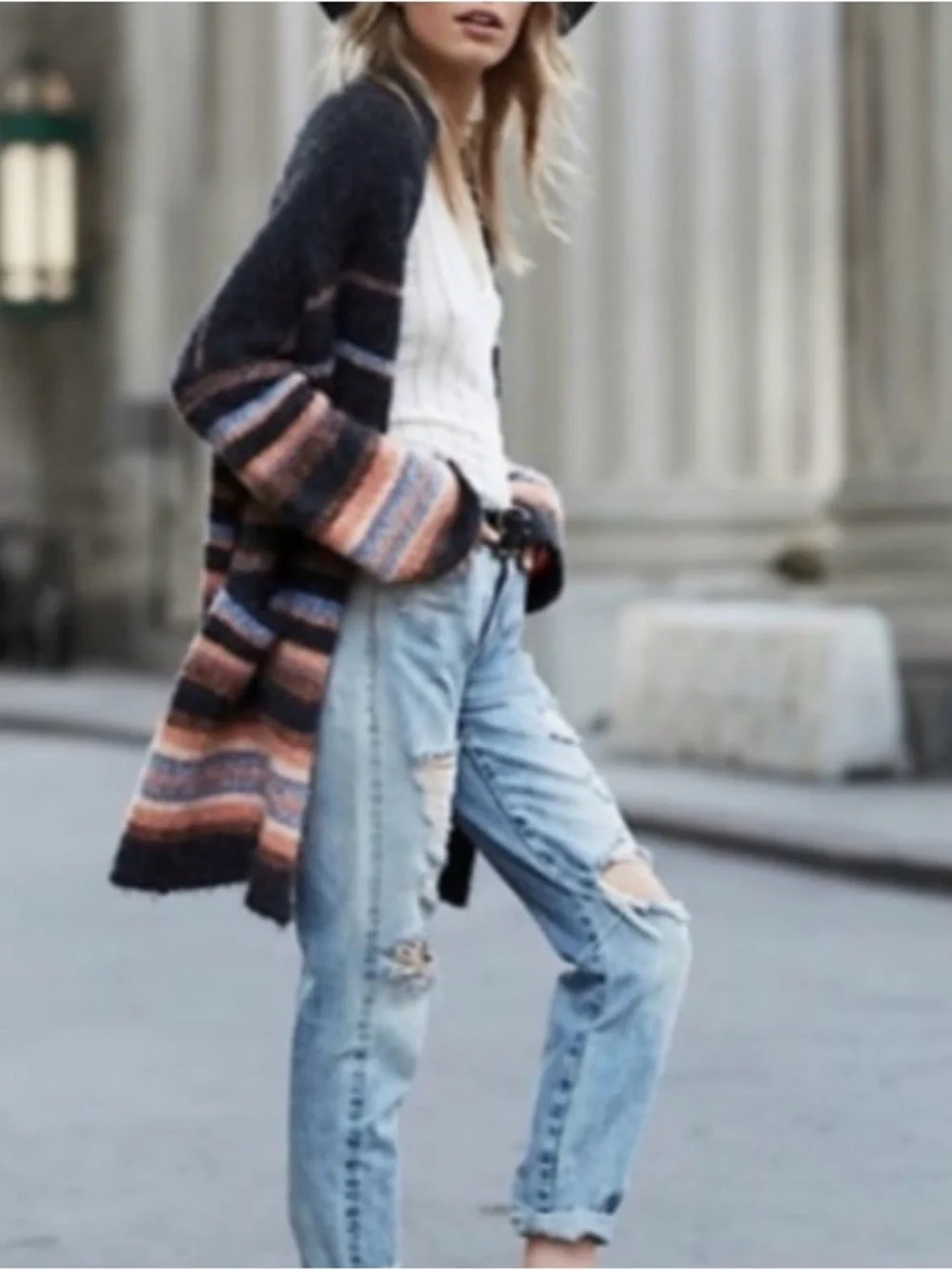 Free People vintage Charcoal Striped Open-Front Cardigan with Rust & Blue